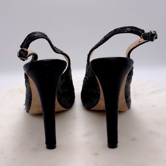 BCBGMAXAZRIA Bodhi Black Sequin Peep Toe Heels 7.5 Pumps Holiday Party Shoe NYE - Picture 7 of 11